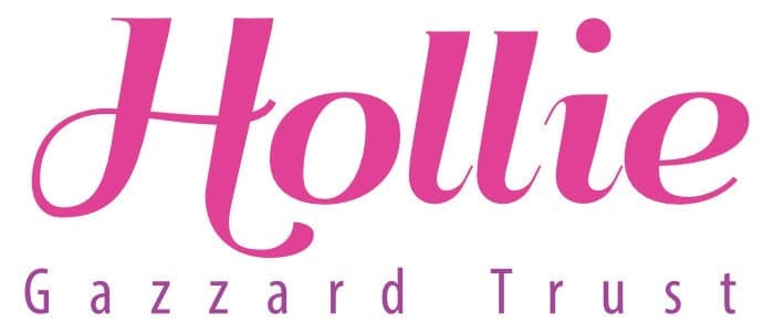 Logo for the Hollie Gazzard Trust, with "Hollie" in large, pink script font and "Gazzard Trust" in smaller, pink uppercase letters underneath.